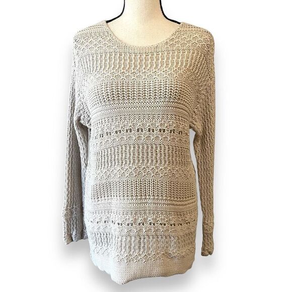 Magaschoni Open Knit Long Sleeve Crew Neck Pullover Sweater Beige Medium - Picture 2 of 9